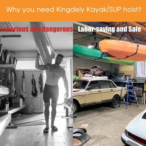  Kingdely Heavy Duty Ceiling Mount Kayak Hoist Set, Garage Ceiling Kayak Storage, Bike Hoist Hanger, Ladder, Kayak Pulley Storage System 125 lbs Pack of 2