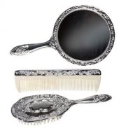 Kingsley 3 pc Silver Chrome Girls Vanity Set Comb Brush Mirror.