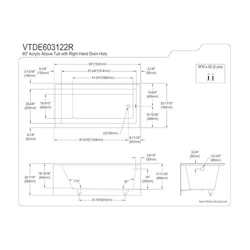  KINGSTON BRASS VTDE603122R 60-Inch Contemporary Alcove Acrylic Bathtub with Right Hand Drain and Overflow Holes, White