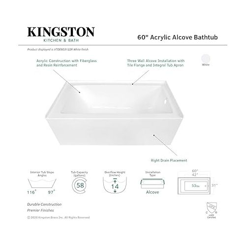  KINGSTON BRASS VTDE603122R 60-Inch Contemporary Alcove Acrylic Bathtub with Right Hand Drain and Overflow Holes, White