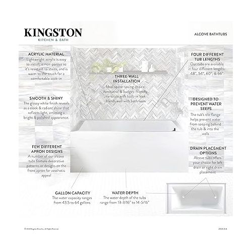  KINGSTON BRASS VTDE603122R 60-Inch Contemporary Alcove Acrylic Bathtub with Right Hand Drain and Overflow Holes, White