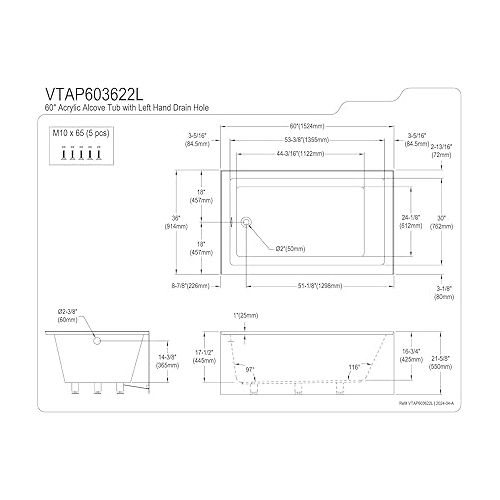  Kingston Brass Aqua Eden VTAP603622L 60-Inch Acrylic Alcove Tub with Left Hand Drain, White