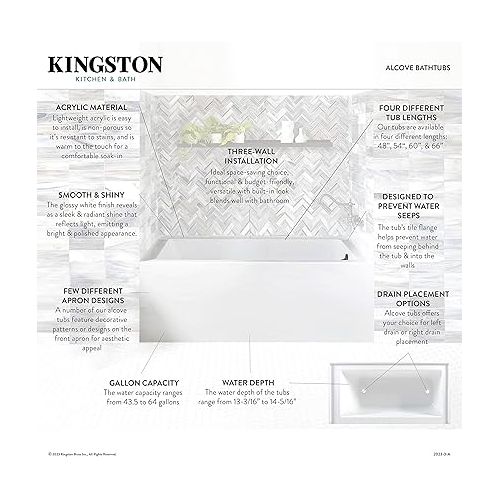  Kingston Brass Aqua Eden VTAP603622L 60-Inch Acrylic Alcove Tub with Left Hand Drain, White