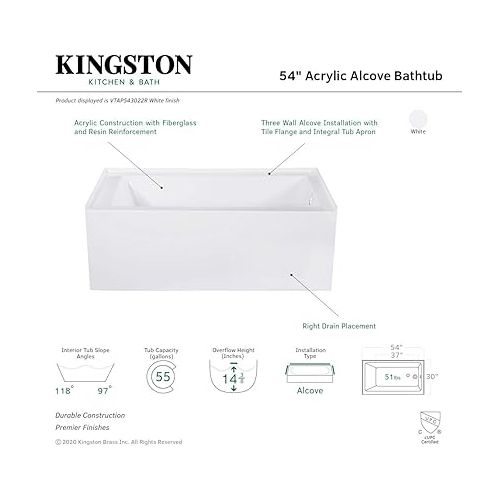  Kingston Brass VTAP543022R Aqua Eden Alcove Tub, White