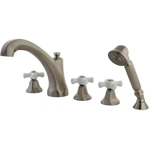  Kingston Brass KS43225PX Metropolitan Roman Tub Filler with Hand Shower and Porcelain Cross Handle, Polished Brass, 5-Piece