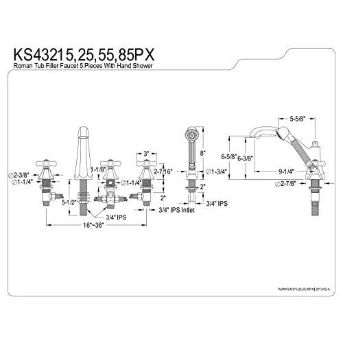  Kingston Brass KS43225PX Metropolitan Roman Tub Filler with Hand Shower and Porcelain Cross Handle, Polished Brass, 5-Piece