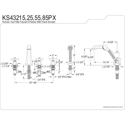  Kingston Brass KS43225PX Metropolitan Roman Tub Filler with Hand Shower and Porcelain Cross Handle, Polished Brass, 5-Piece