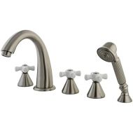 Kingston Brass KS23625PX Roman Tub Filler with Hand Shower, Porcelain Cross Handle, Polished Brass, 5-Piece