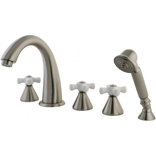  Kingston Brass KS23625PX Roman Tub Filler with Hand Shower, Porcelain Cross Handle, Polished Brass, 5-Piece