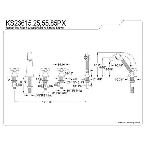  Kingston Brass KS23625PX Roman Tub Filler with Hand Shower, Porcelain Cross Handle, Polished Brass, 5-Piece