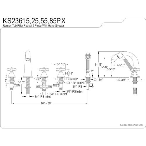  Kingston Brass KS23625PX Roman Tub Filler with Hand Shower, Porcelain Cross Handle, Polished Brass, 5-Piece