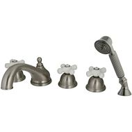 Kingston Brass KS33525PX Roman Tub Filler with Hand Shower and Porcelain Cross Handle, Polished Brass, 5-Piece