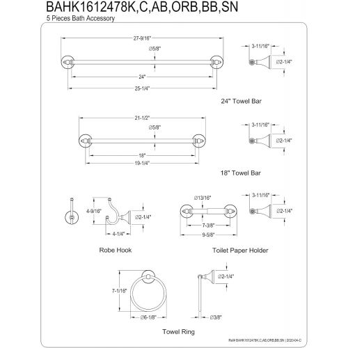  Kingston Brass BAHK1612478SN Naples 5-Piece Accessory Set with 18 & 24 Towel Bar, Towel Ring, Robe Hook & Toilet Paper Holder, Satin Nickel