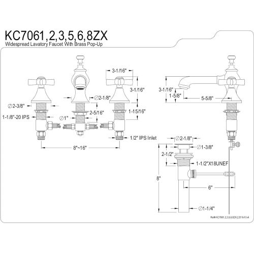  Kingston Brass KC7066ZX Millennium 8 Widespread Lavatory Faucet with Brass Pop-Up, 5-5/8 in Spout Reach, Polished Nickel