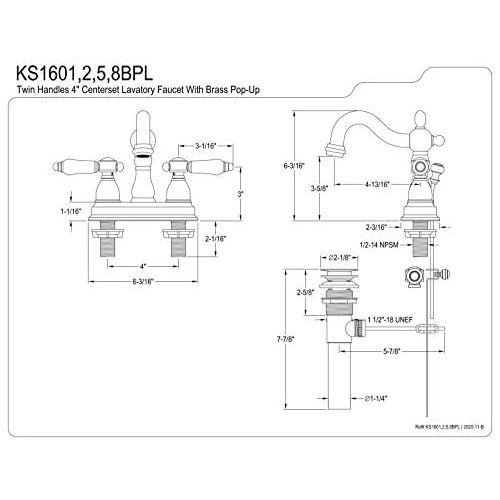  Kingston Brass KS1602BPL Bel Air 4-inch Centerset Lavatory Faucet Pop-Up, 4-3/4 In Spout Reach, Polished Brass