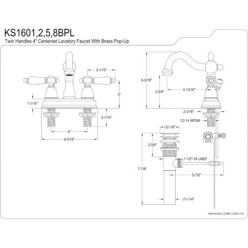  Kingston Brass KS1602BPL Bel Air 4-inch Centerset Lavatory Faucet Pop-Up, 4-3/4 In Spout Reach, Polished Brass