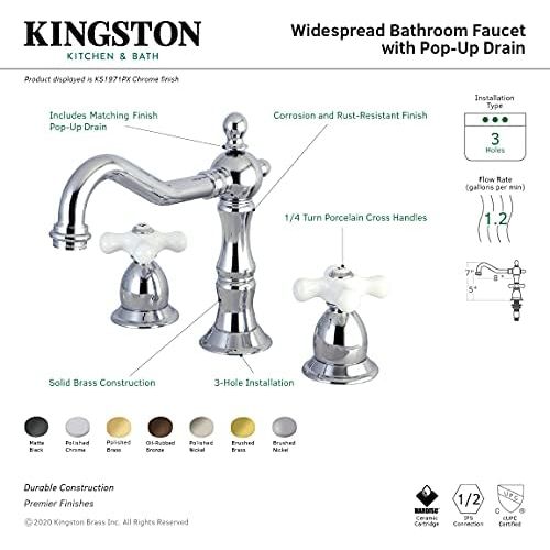  Kingston Brass KS1970PX Heritage 8 Widespread Lavatory Faucet, Matte Black