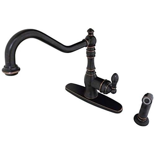  Kingston Brass GSY7706ACLSP American Classic Single Handle Kitchen Faucet with Sprayer Deck Plate, 9-7/16 inch in Spout Reach, Naples Bronze