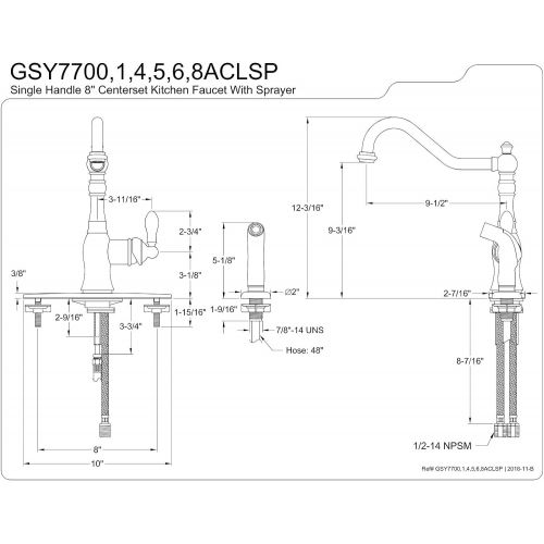  Kingston Brass GSY7706ACLSP American Classic Single Handle Kitchen Faucet with Sprayer Deck Plate, 9-7/16 inch in Spout Reach, Naples Bronze