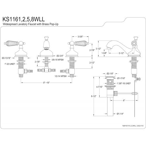  Kingston Brass KS1162WLL Wilshire Widespread Lavatory Faucet Pop-Up, 5-1/2 in Spout Reach, Polished Brass