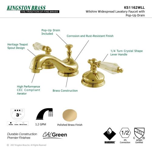  Kingston Brass KS1162WLL Wilshire Widespread Lavatory Faucet Pop-Up, 5-1/2 in Spout Reach, Polished Brass