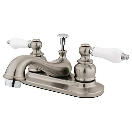  Kingston Brass GKB609B Restoration Teapot Faucet with Ceramic Handle with Retail Pop-Up, Brushed Nickel with Polished Trim