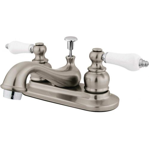  Kingston Brass GKB609B Restoration Teapot Faucet with Ceramic Handle with Retail Pop-Up, Brushed Nickel with Polished Trim