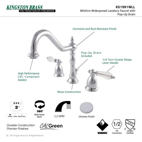  Kingston Brass KS1991WLL Wilshire Widespread Lavatory Faucet with Brass Pop-Up, 8-1/2 in Spout Reach, Polished Chrome