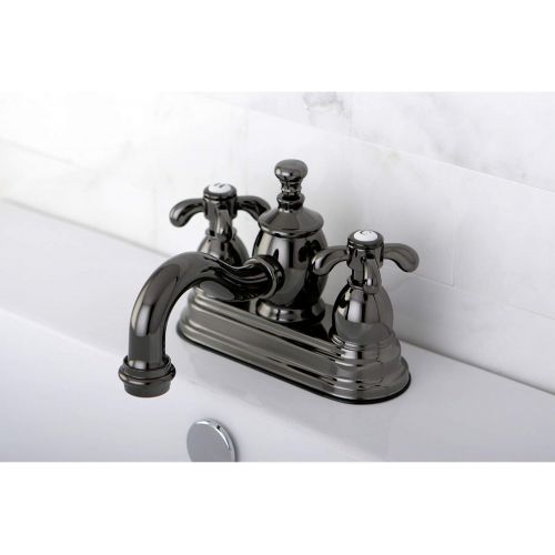  Kingston Brass NS7100TX Water Onyx 4 inch Centerset Lavatory Faucet with Cross Handle and Brass Pop-up Drain, Black Stainless Steel