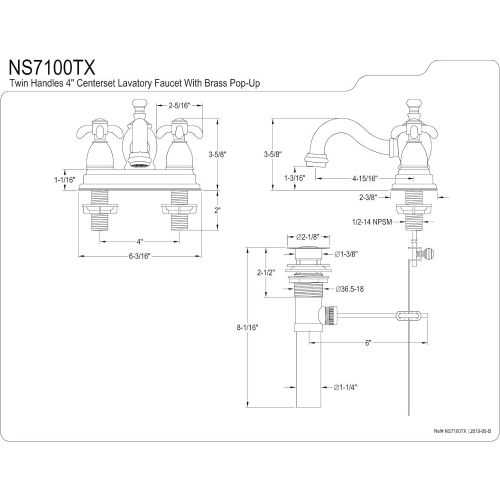  Kingston Brass NS7100TX Water Onyx 4 inch Centerset Lavatory Faucet with Cross Handle and Brass Pop-up Drain, Black Stainless Steel