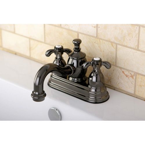  Kingston Brass NS7100TX Water Onyx 4 inch Centerset Lavatory Faucet with Cross Handle and Brass Pop-up Drain, Black Stainless Steel