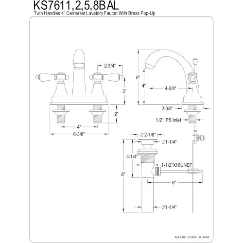  Kingston Brass KS7615BAL 4 Centerset Lavatory Faucet with Brass Pop-Up, 4-3/4 in Spout Reach, Oil Rubbed Bronze