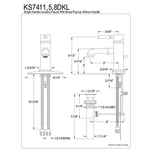  Kingston Brass KS7415DKL Kaiser Lavatory Faucet with Brass Pop-Up and Plate, 5-1/8 in Spout Reach, Oil Rubbed Bronze