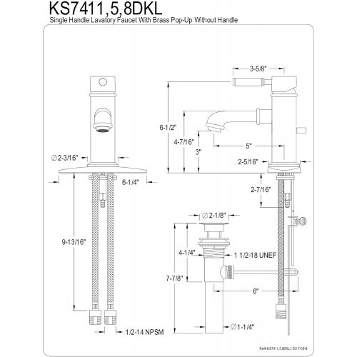  Kingston Brass KS7415DKL Kaiser Lavatory Faucet with Brass Pop-Up and Plate, 5-1/8 in Spout Reach, Oil Rubbed Bronze