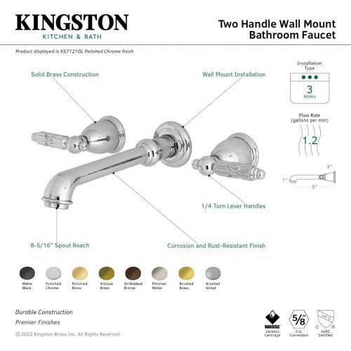  Kingston Brass KS7125GL Georgian Wall Mount Vessel Sink Faucet, 10-7/16 inch in Spout Reach, Oil Rubbed Bronze