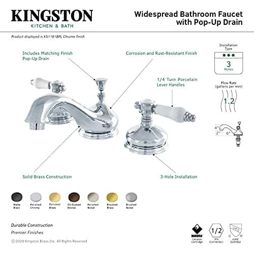  Kingston Brass KS1161BPL Bel Air Widespread Lavatory Faucet with Brass Pop-Up, 5-1/2 In Spout Reach, Polished Chrome