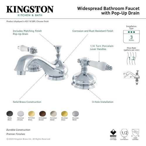  Kingston Brass KS1161BPL Bel Air Widespread Lavatory Faucet with Brass Pop-Up, 5-1/2 In Spout Reach, Polished Chrome