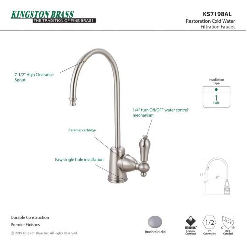  Kingston Brass Gourmetier KS7198AL Restoration Single Handle Water Filtration Faucet, Brushed Nickel,6-Inch spout reach