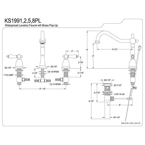  Kingston Brass KS1998PL Heritage Widespread Lavatory Faucet with Handle Pop-Up, Brushed Nickel