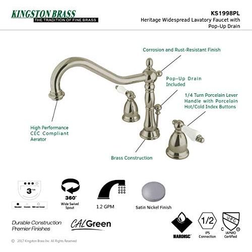  Kingston Brass KS1998PL Heritage Widespread Lavatory Faucet with Handle Pop-Up, Brushed Nickel