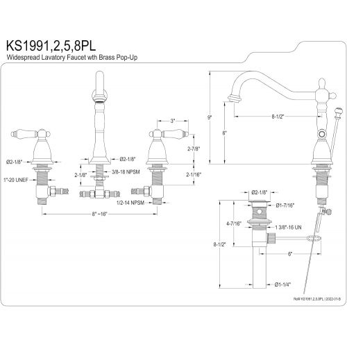  Kingston Brass KS1998PL Heritage Widespread Lavatory Faucet with Handle Pop-Up, Brushed Nickel