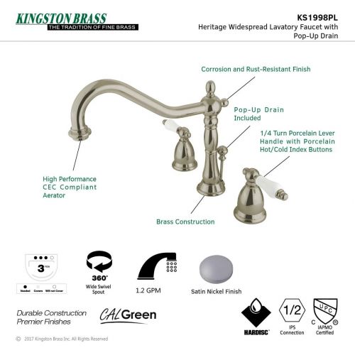  Kingston Brass KS1998PL Heritage Widespread Lavatory Faucet with Handle Pop-Up, Brushed Nickel