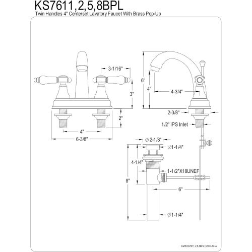  Kingston Brass KS7612BPL Bel Air 4-inch Centerset Lavatory Faucet Pop-Up, 4-3/4 In Spout Reach, Polished Brass