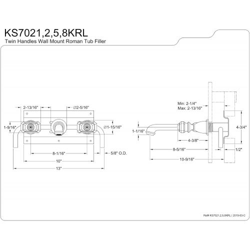  Kingston Brass KS7021KRL Krystal Onyx 8-Inch Center Wall Mount Roman Tub Filler, 10-7/16, Polished Chrome