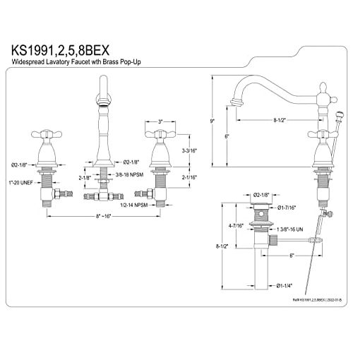  Kingston Brass KS1991BEX Widespread Lavatory Faucet with Brass Pop-Up, Polished Chrome, 8-1/2 In Spout Reach