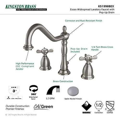  Kingston Brass KS1991BEX Widespread Lavatory Faucet with Brass Pop-Up, Polished Chrome, 8-1/2 In Spout Reach