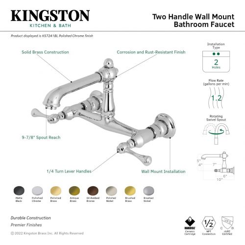  Kingston Brass KS7245BL English Country Wall Mount Vessel Sink Faucet, 6-5/8 in Spout Reach, Oil Rubbed Bronze