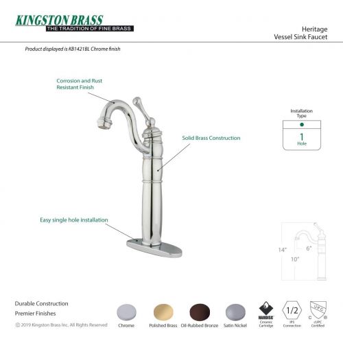  Kingston Brass KB1425BL Heritage Vessel Sink Faucet with Optional Cover Plate, Oil Rubbed Bronze