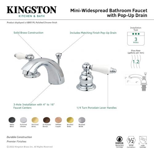  Kingston Brass KB958PL Victorian Mini Widespread Lavatory Faucet with Brass Pop-Up, Brushed Nickel