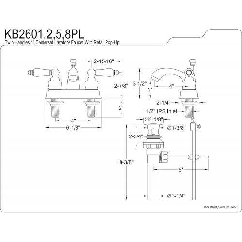  Kingston Brass KB2608PL Vintage 4-Inch Centerset Lavatory Faucet, Brushed Nickel with Porcelain Lever Handle